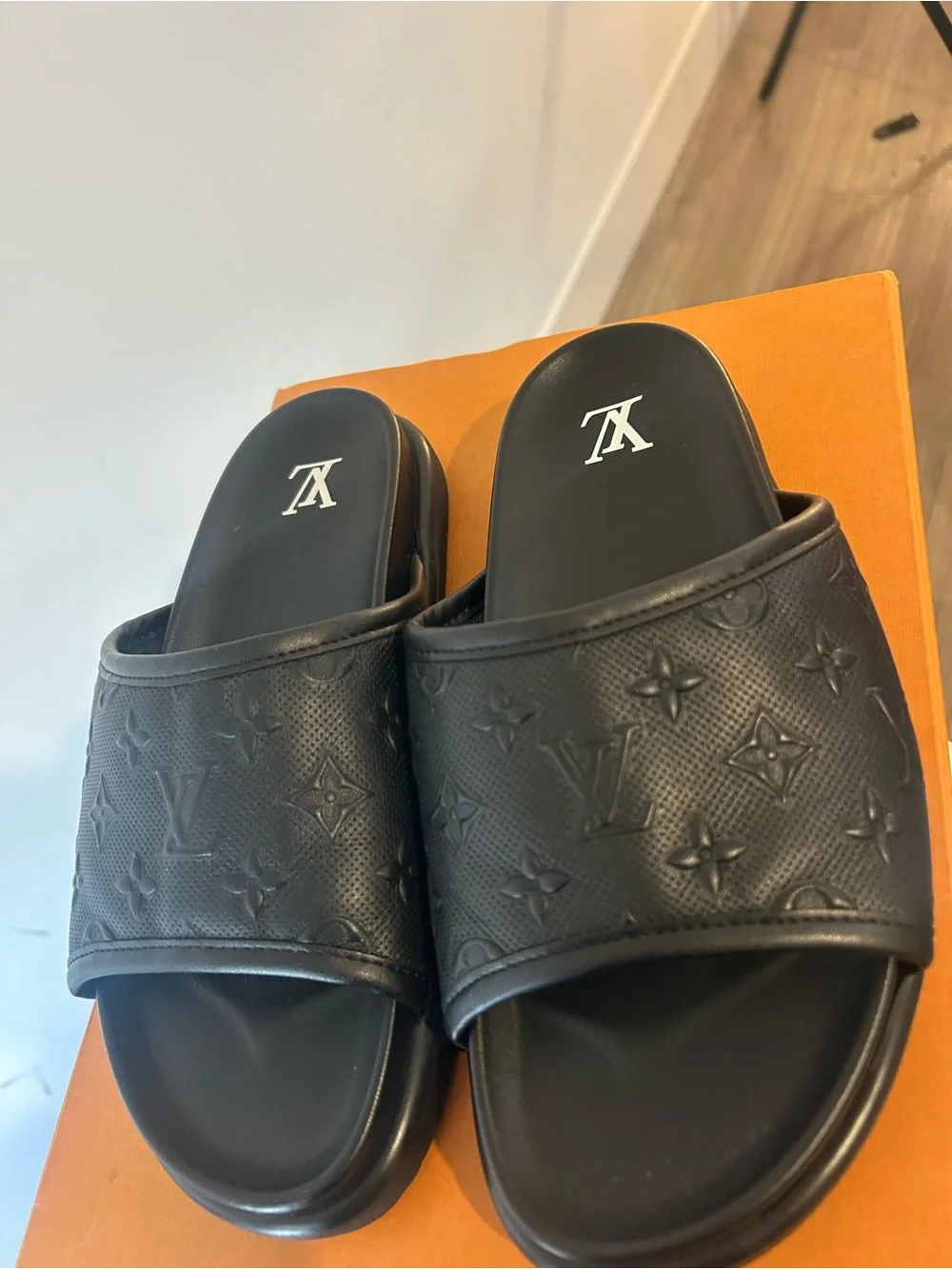 Louis Vuitton Black Embossed Monogram Slide Sandals
